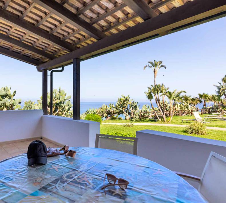 Terrasse avec vue sur la mer, plantes tropicales et table extérieure.